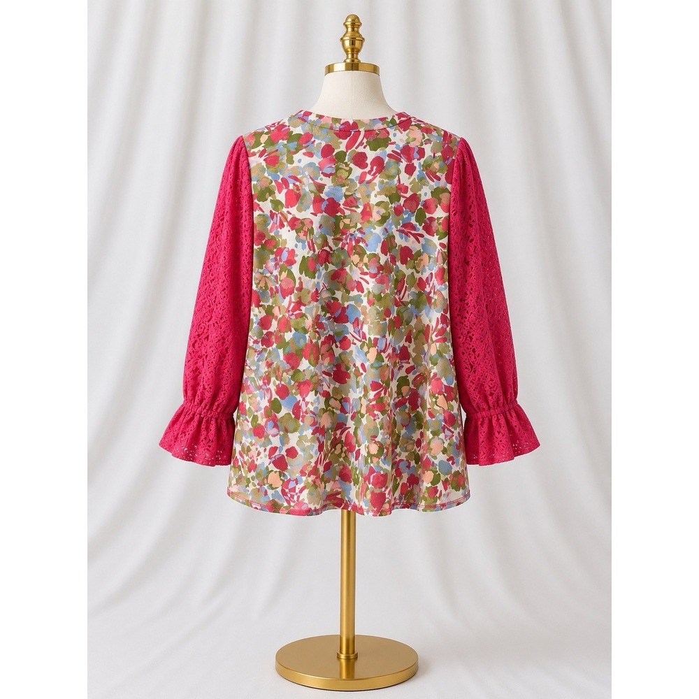 LOGO Lori Goldstein 3/4 Sleeve Top Eyelet Lace Sleeve Pink Rose Cloud Pockets 1x - Picture 2 of 13